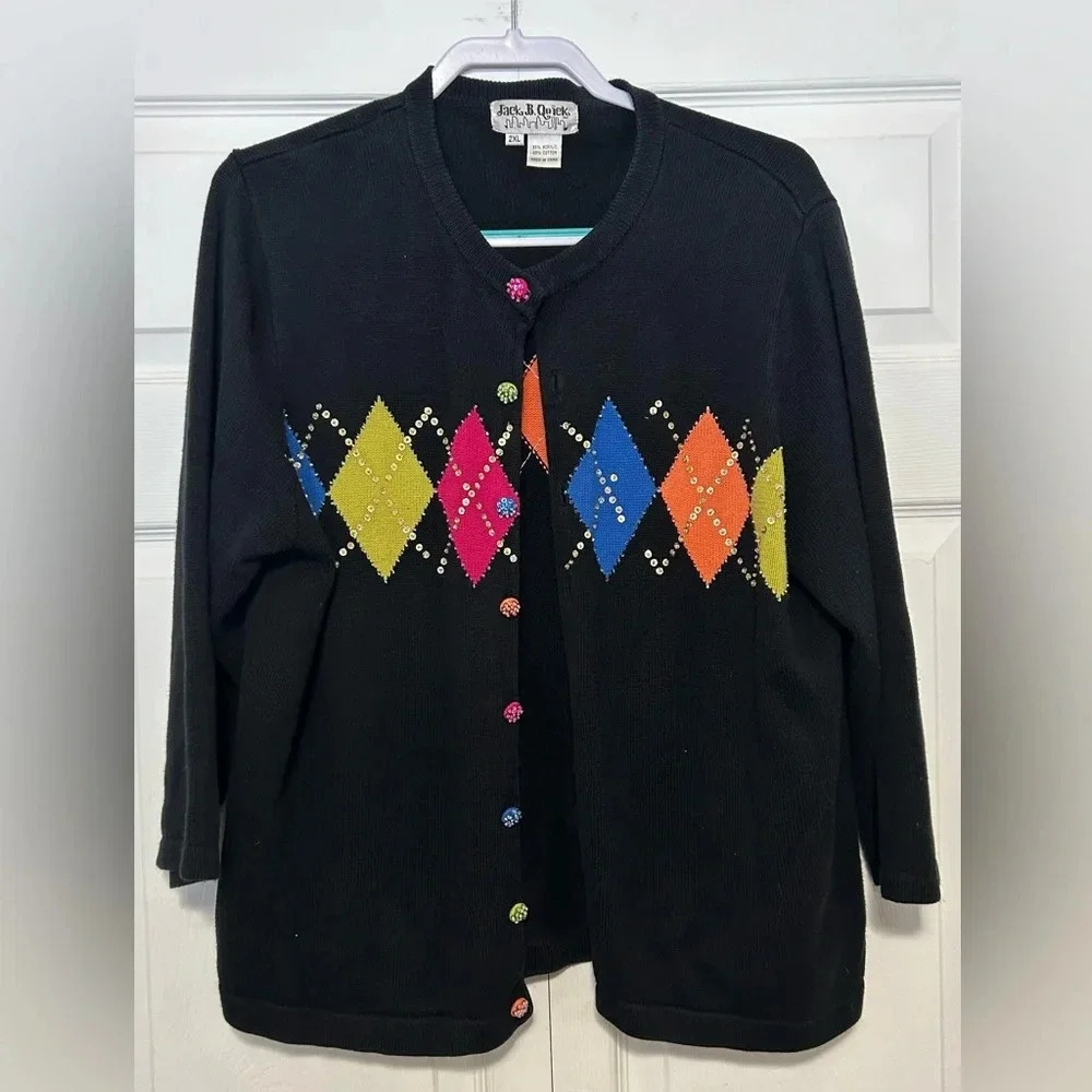 Jack B. Quick Cardigan Sweater Plus Size  2XL Black Sequins Stretchy Lightweight